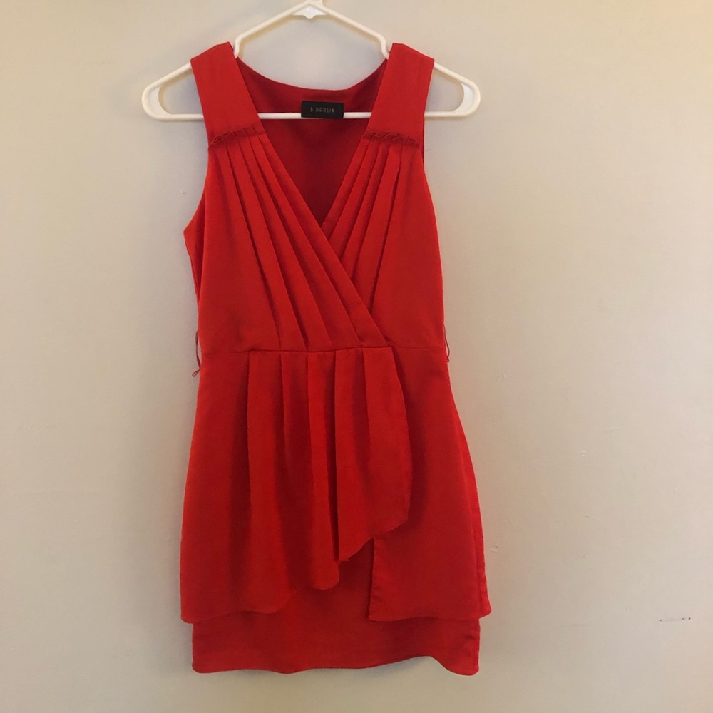 B Darlin Red V Neck Sleeveless Pleated Wrap Style Mini Dress